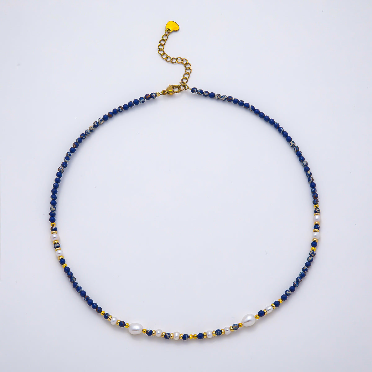 Handmade Stainless Steel 3mm Shell Pearl Lapis Lazuli Gemstone Chain 16 Inch Necklace | WA-04649