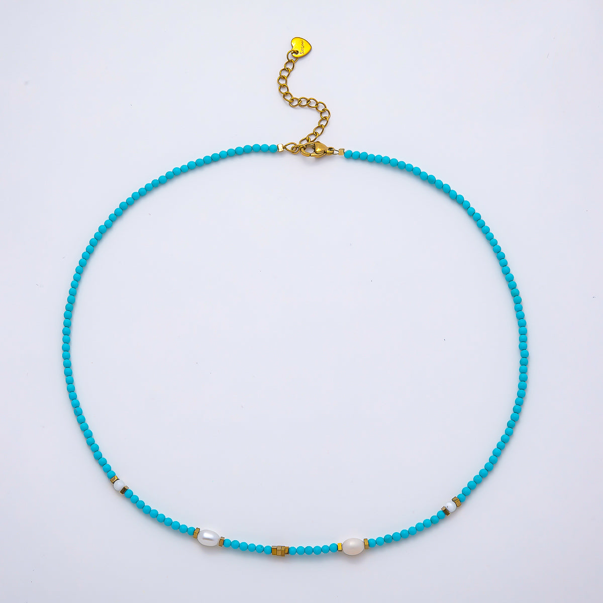 Handmade Stainless Steel 2.5mm Shell Pearl Turquoise Gemstone Chain 16 Inch Necklace | WA-04651