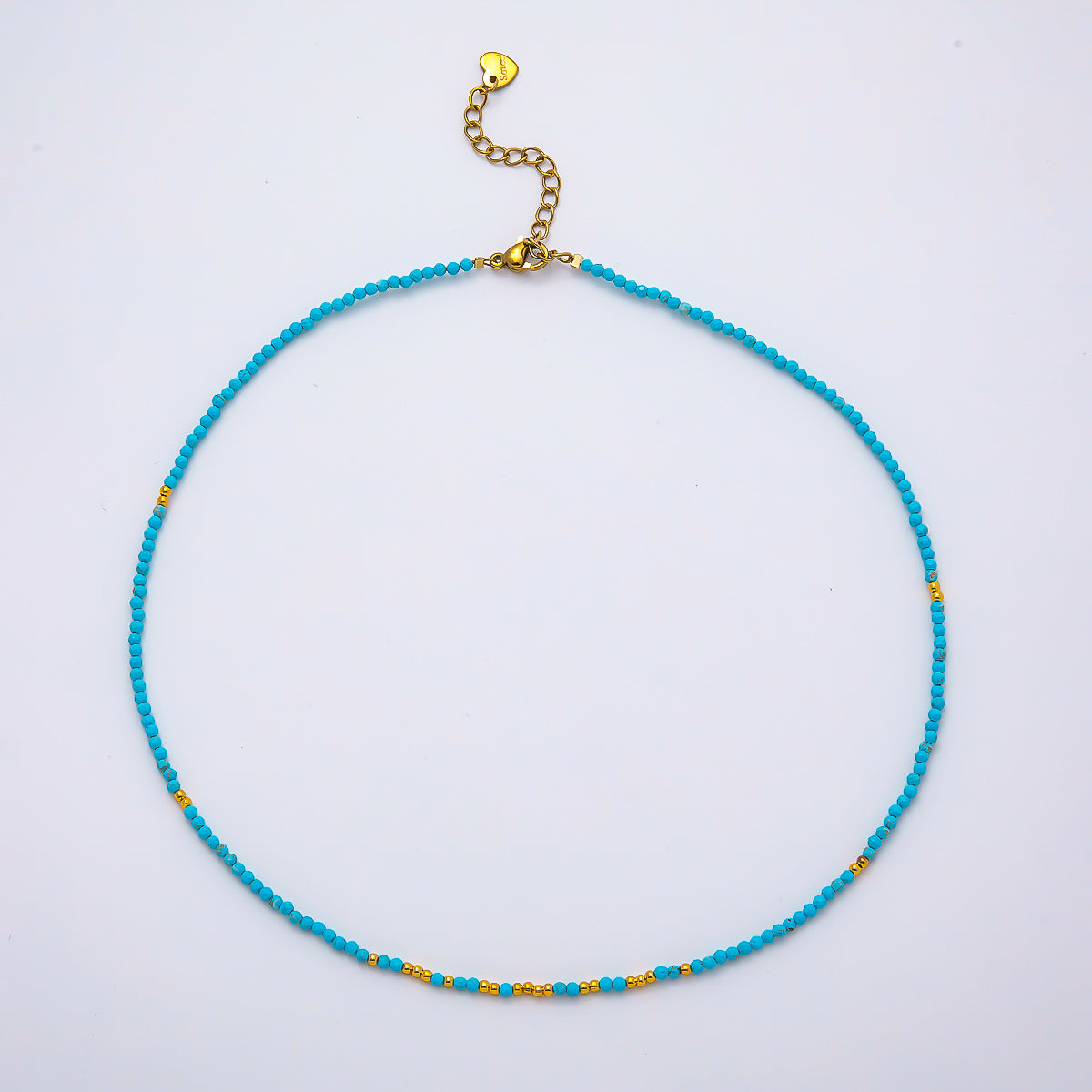 Handmade Stainless Steel 2mm Blue Turquoise Bead Multifaceted Gemstone Chain 15.5 Inch Necklace | WA-04652