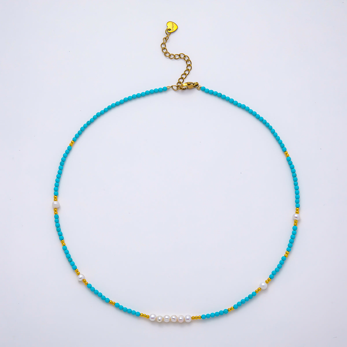Handmade Stainless Steel 2.5mm Blue Turquoise Shell Pearl Bead Gemstone Chain 16 Inch Necklace | WA-04654