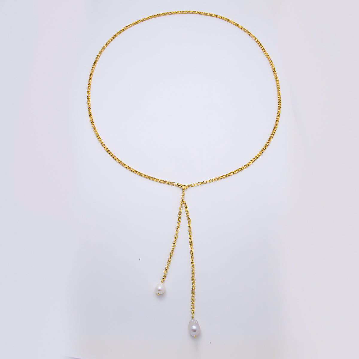 SUMMER Stainless Steel 4mm Curb Cable Chain w. Baroque Freshwater Pearl Drop Waist Chain | WA-04668
