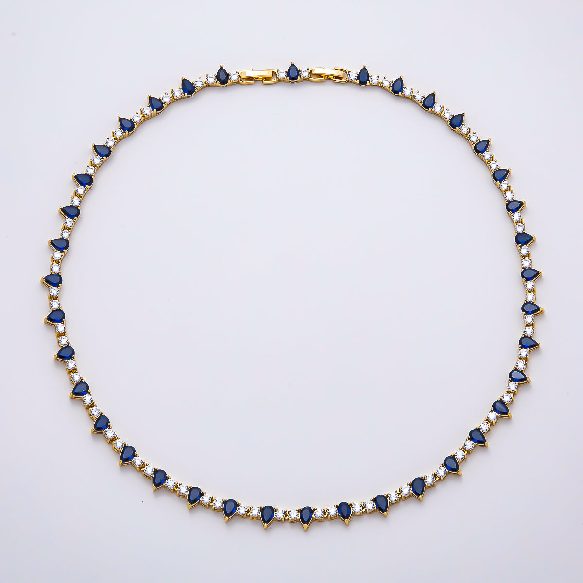 16K Gold Filled 3mm Blue Teardrop Clear Tennis Chain 17 Inch Adjustable Necklace | WA-04677