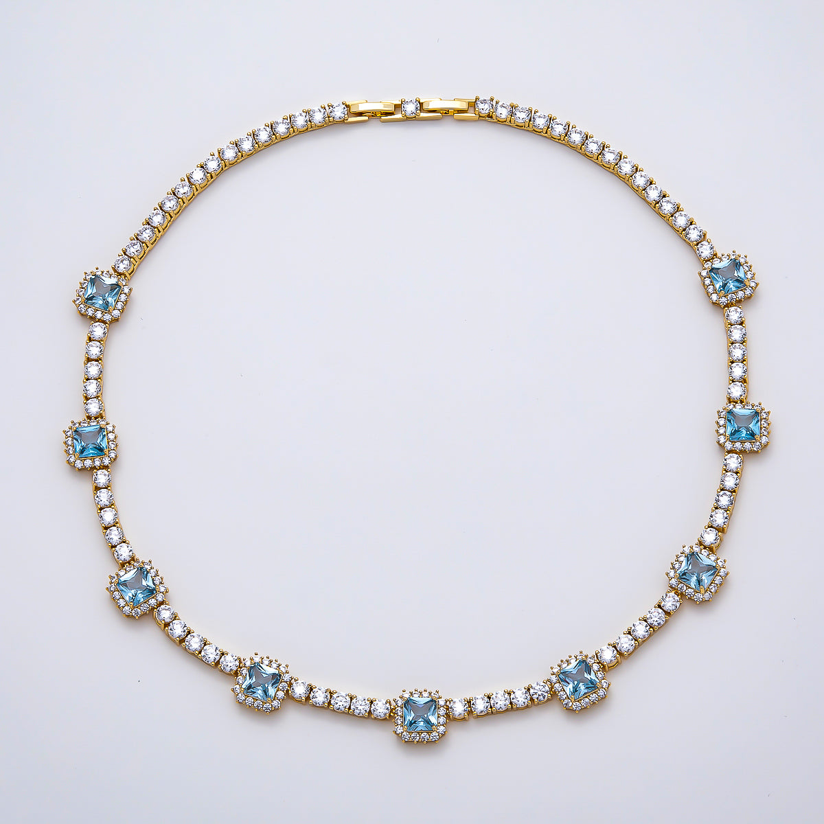16K Gold Filled 4mm Blue Baguette CZ Tennis Chain 16.5 Inch Adjustable Necklace | WA-04678