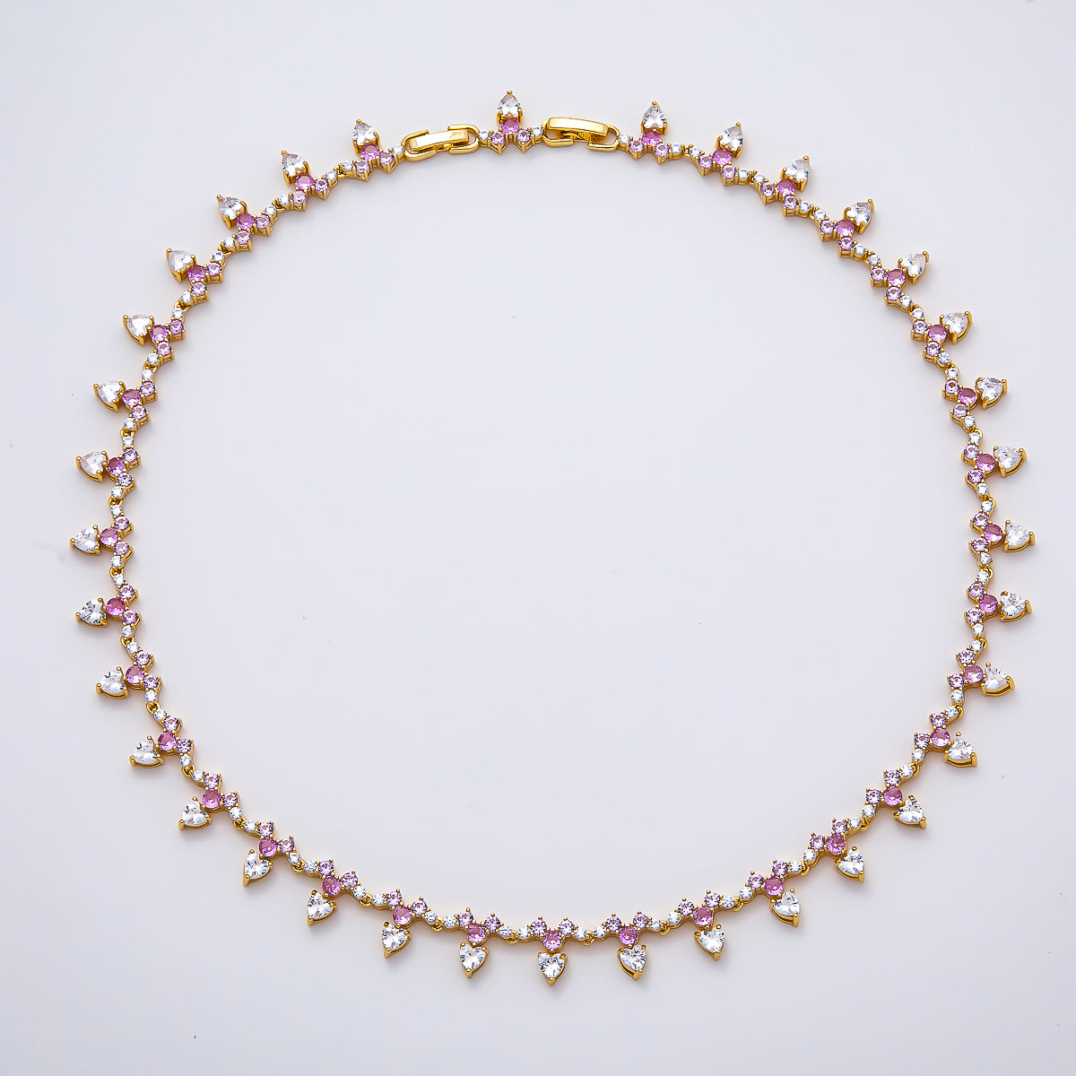 16K Gold Filled Pink Clear Heart Gradient Tennis Chain 16.5 Inch Adjustable Necklace | WA-04680