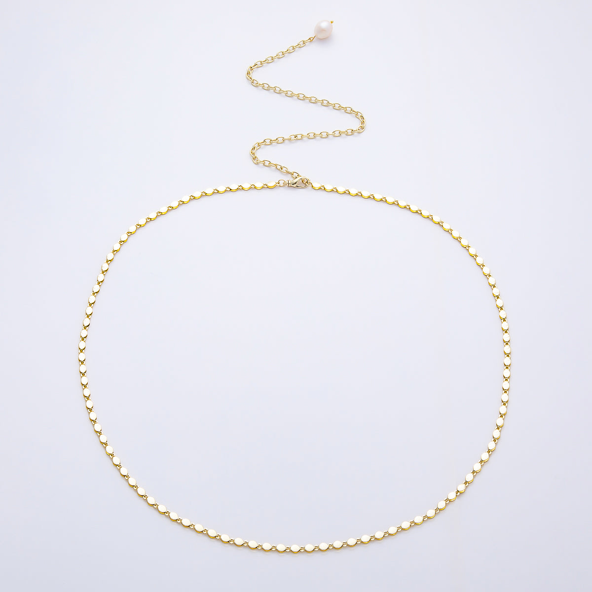 SUMMER 16K Gold Filled 4mm Flat Round Cable Chain w. Baroque Freshwater Pearl Drop Belly Waist Chain | WA-04715