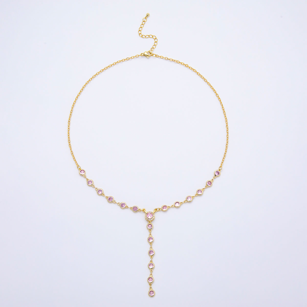 16K Gold Filled 6mm Pink Round Bezel Micro Paved CZ Lariat Cable Chain 17 Inch Necklace | WA-04722