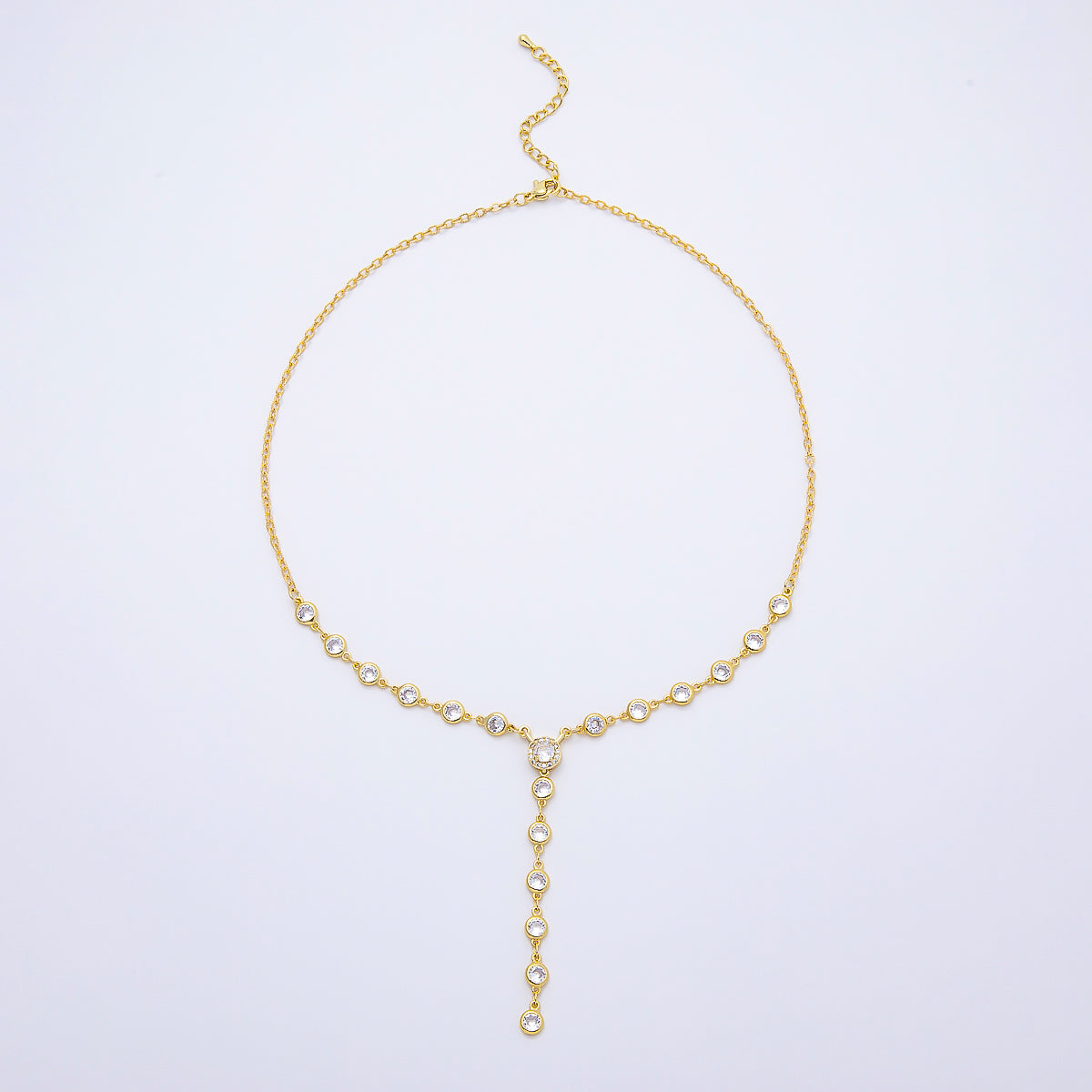 16K Gold Filled 6mm Clear Round Bezel Micro Paved CZ Lariat Cable Chain 17 Inch Necklace | WA-04723