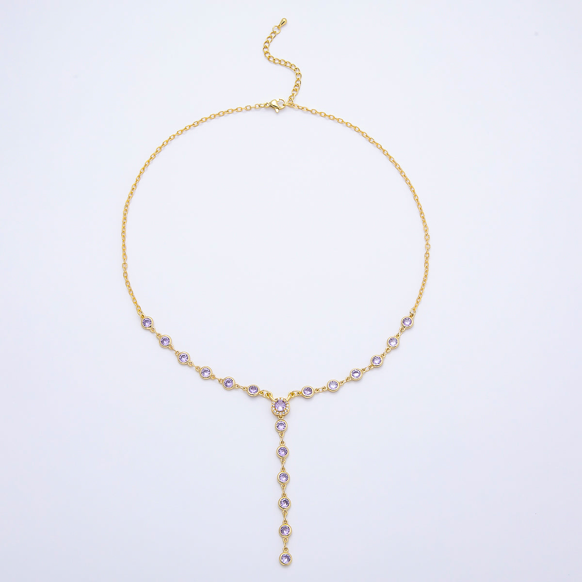 16K Gold Filled 6mm Purple Round Bezel Micro Paved CZ Lariat Cable Chain 17 Inch Necklace | WA-04724