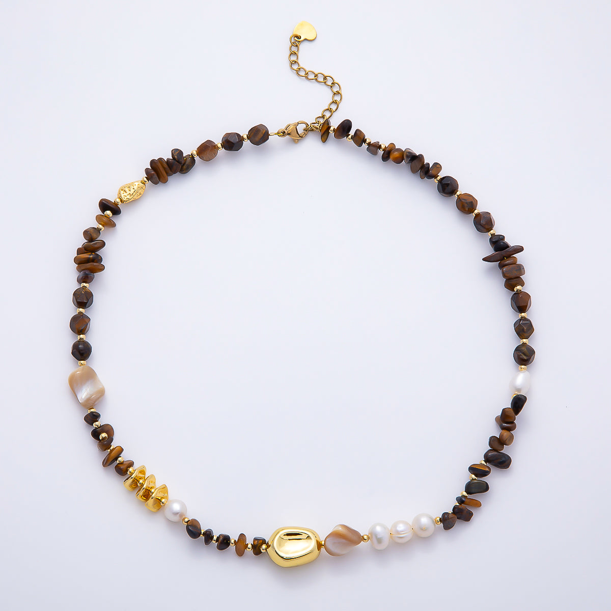 Stainless Steel 10mm White Shell Pearl Tiger Eye Biwa Pebble Multifaceted Gemstone Chain 16 Inch Necklace | WA-04726