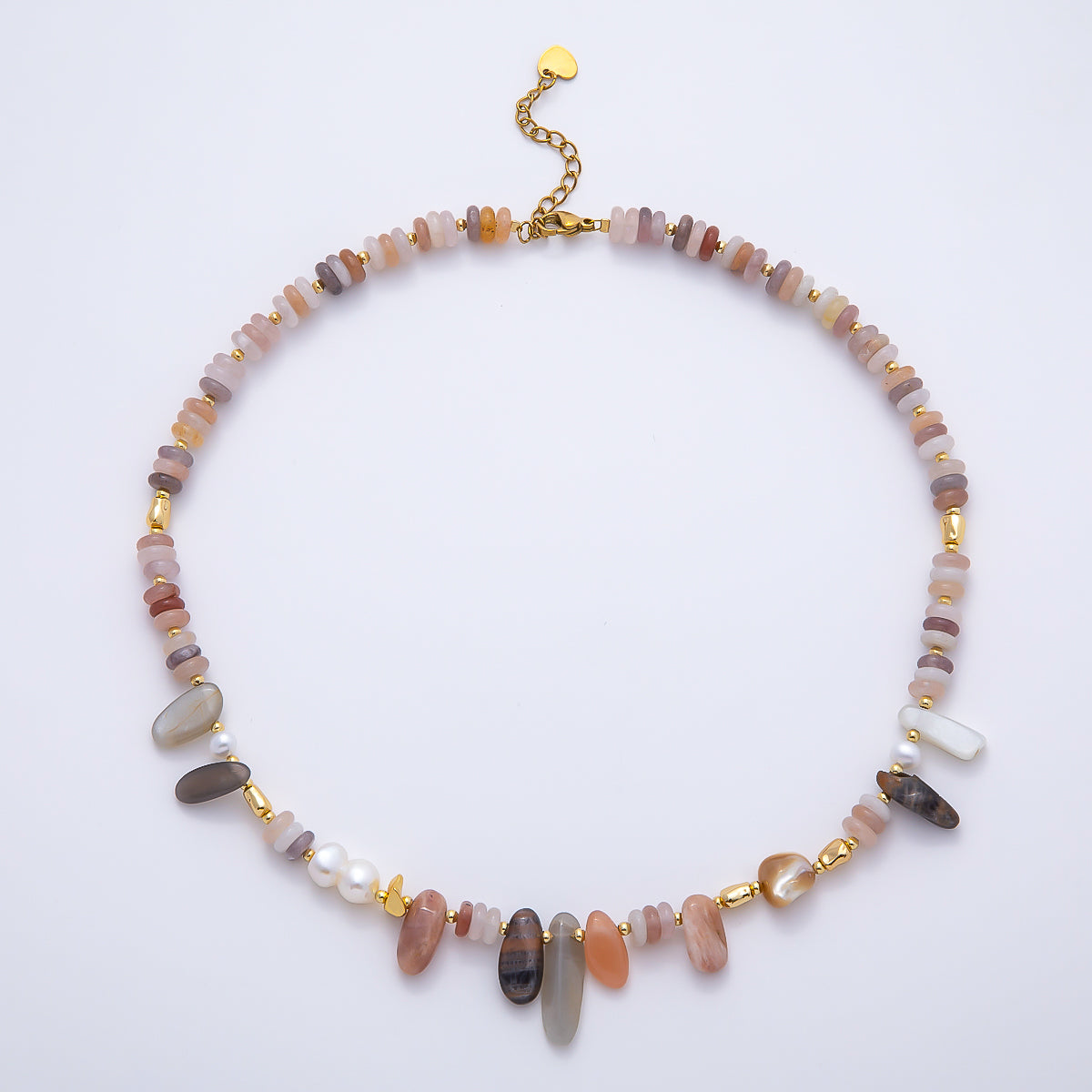 Handmade Stainless Steel 8mm Pink Rhodolite Shell Pearl Rondelle Pebble Gemstone Chain 16 Inch Necklace | WA-04728