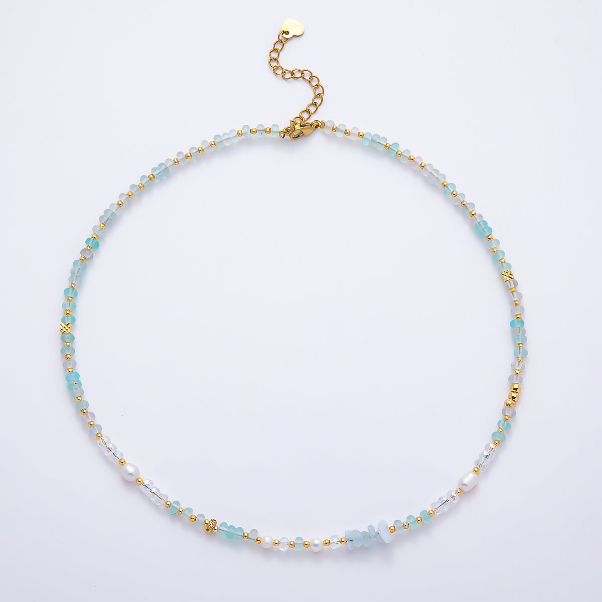 Handmade Blue Aquamarine AB Shell Pearl Rondelle Multifaceted Gemstone Chain 15.5 Inch Necklace | WA-04730