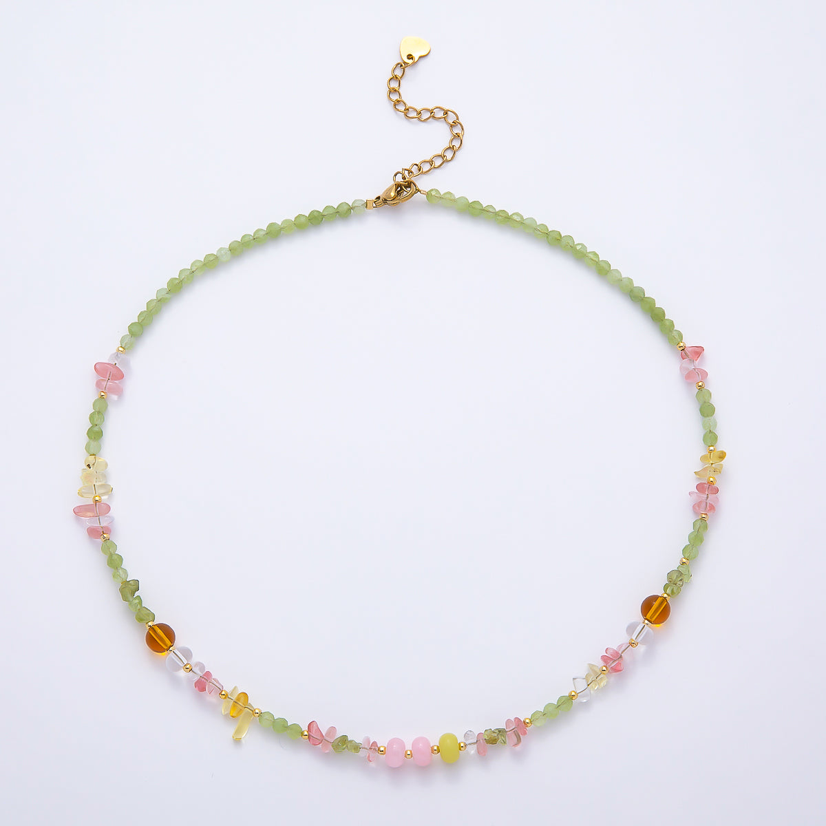 Handmade 5mm Pink Quartz Green Peridot Earth Tone Rondelle Pebble Multi Gemstone Chain 16 Inch Necklace | WA-04733