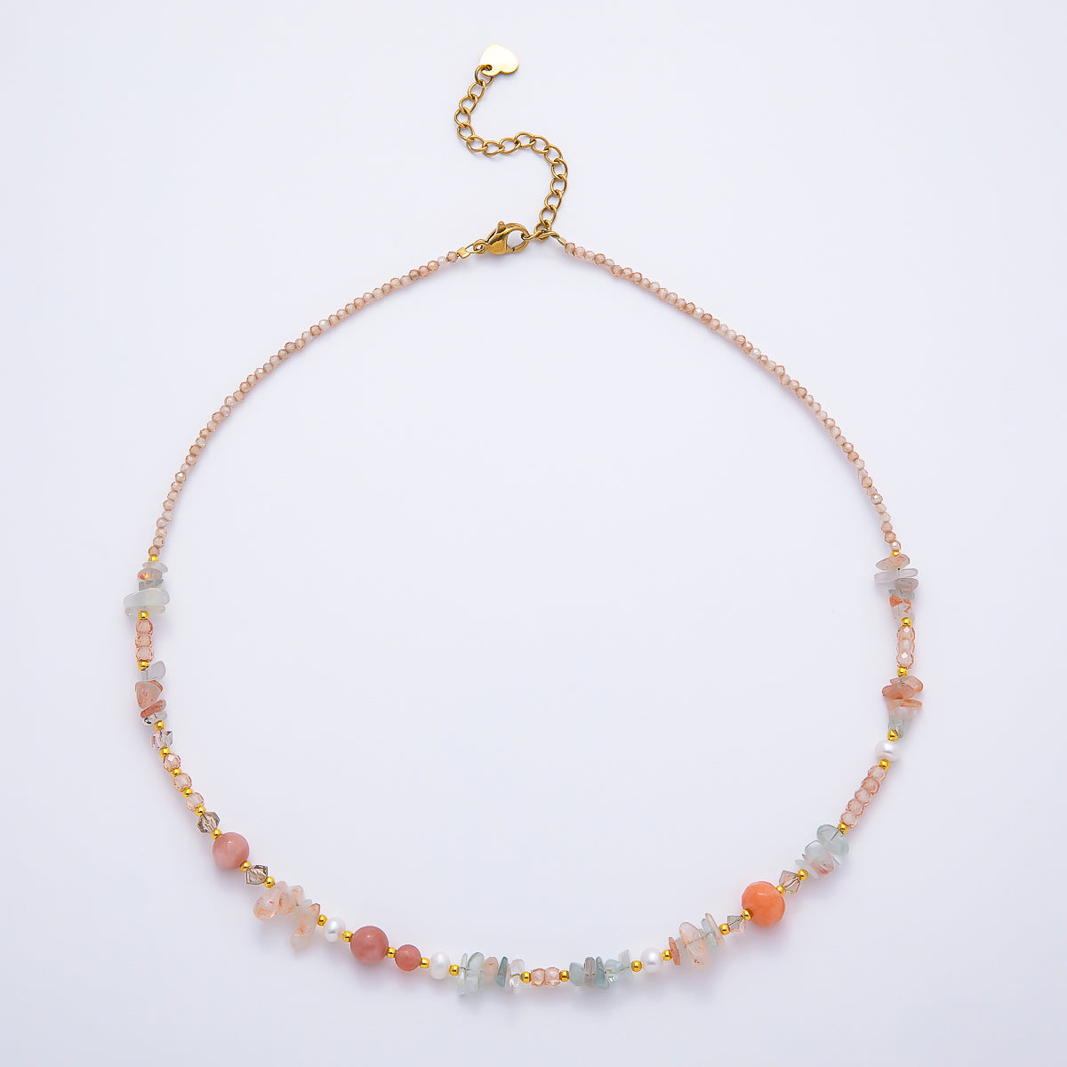 Handmade 5mm Shell Pearl Pink Quartz Blue Aquamarine Round Pebble Gemstone Chain 16 Inch Necklace | WA-04737