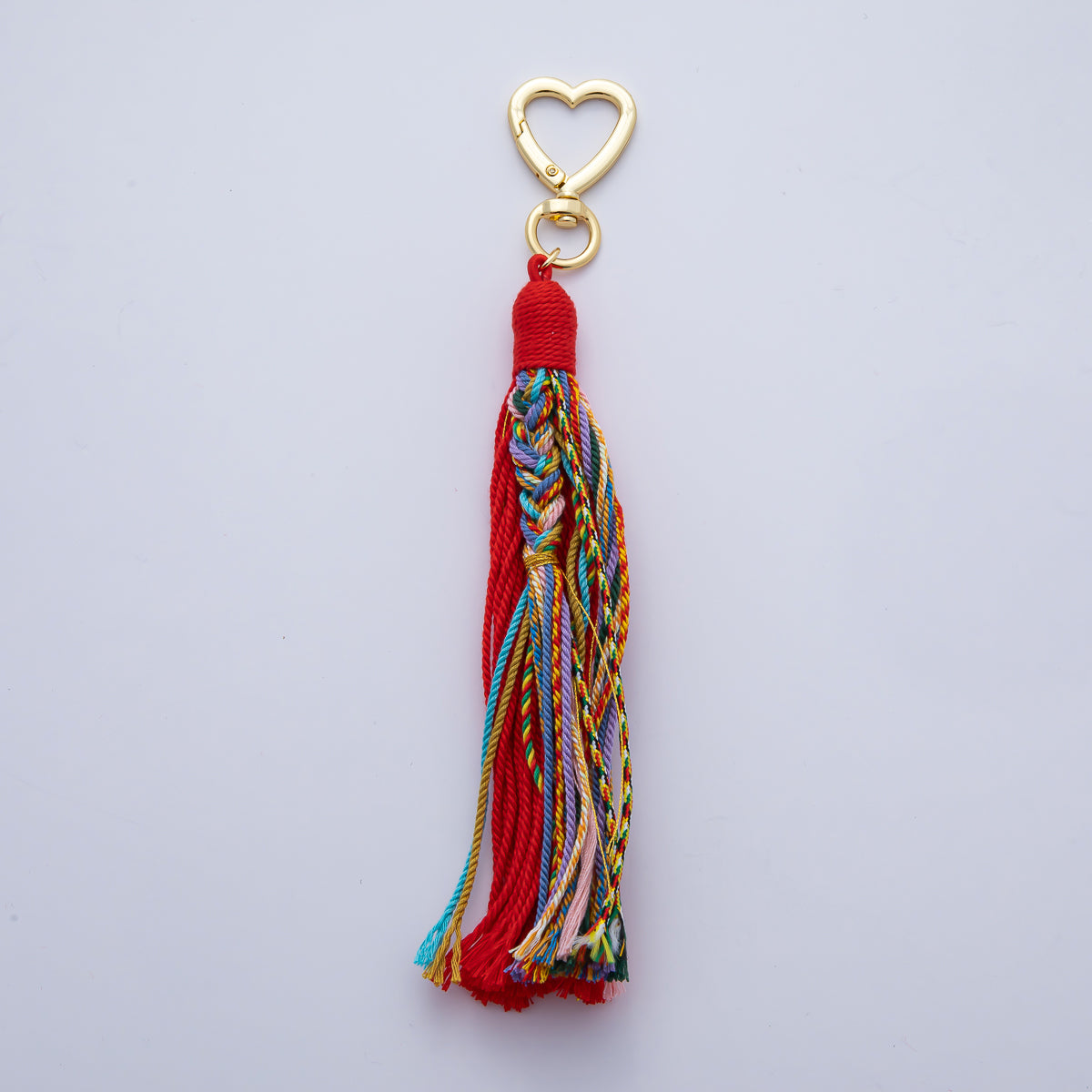 18K Gold Filled 200mm Red, Khaki, Pink Mixed-Knot Tweed Cord Heart Push Gate Keychain Accessories | WB-00220 ~ WB-00228