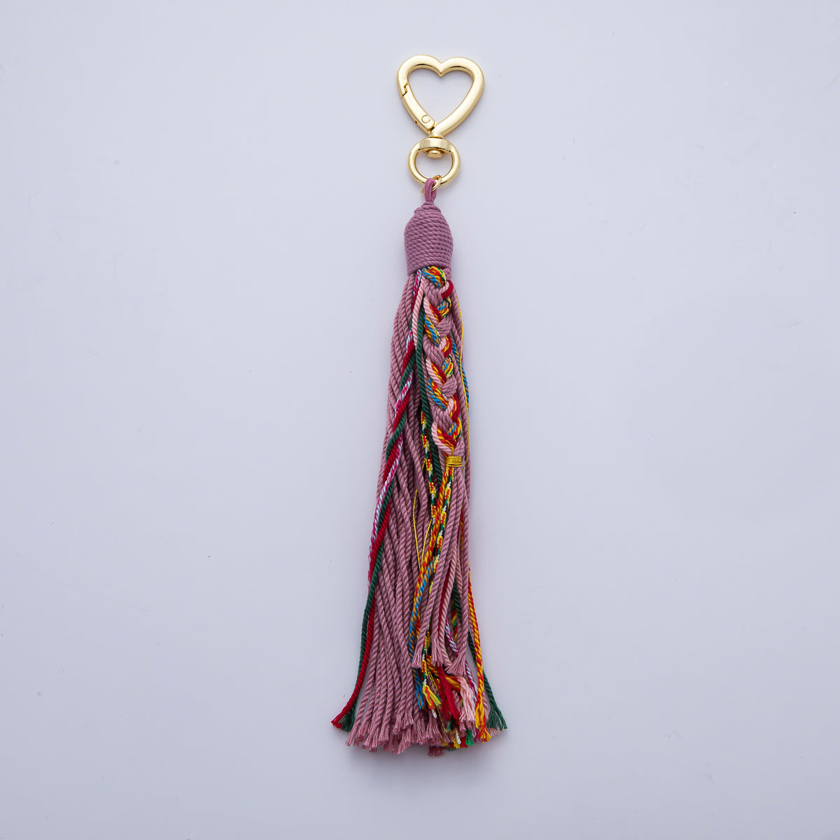 18K Gold Filled 200mm Red, Khaki, Pink Mixed-Knot Tweed Cord Heart Push Gate Keychain Accessories | WB-00220 ~ WB-00228
