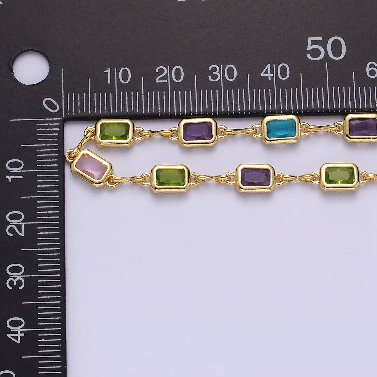 14K Gold Filled 5.3mm Multicolor CZ Baguette Figure Eight Link Unfinished Chain | ROLL-01362