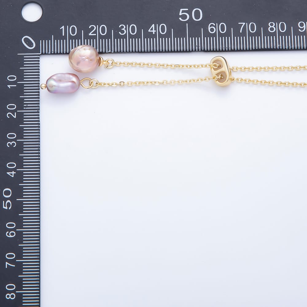 16K Gold Filled 2mm Double Shell Pearl Button Gemstone Slide Lariat Chain 15 Inch Necklace | WA-01390