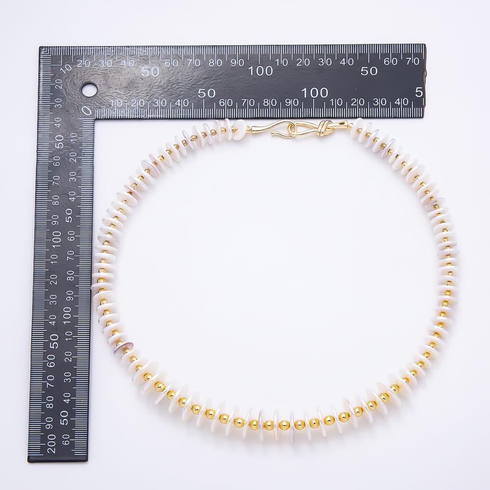 16K Gold Filled 15mm White Freshwater Pearl Heishi Disc Bead Gemstone Chain 19 Inch Necklace w. Hook Closure | WA-02250