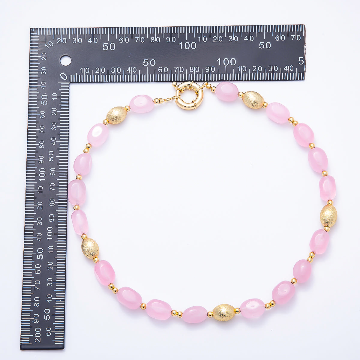 16K Gold Filled 10mm Pink Quartz Textured Bead Rectangle Gemstone Chain 19 Inch Necklace w. Sailor Clasps | WA-01958