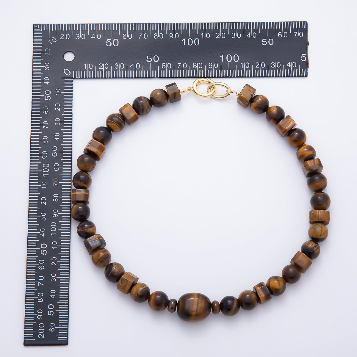 16K Gold Filled 12mm Tiger Eye Round Tube Geometric Gemstone Chain 18 Inch Necklace w. Dual Push Gate | WA-02111