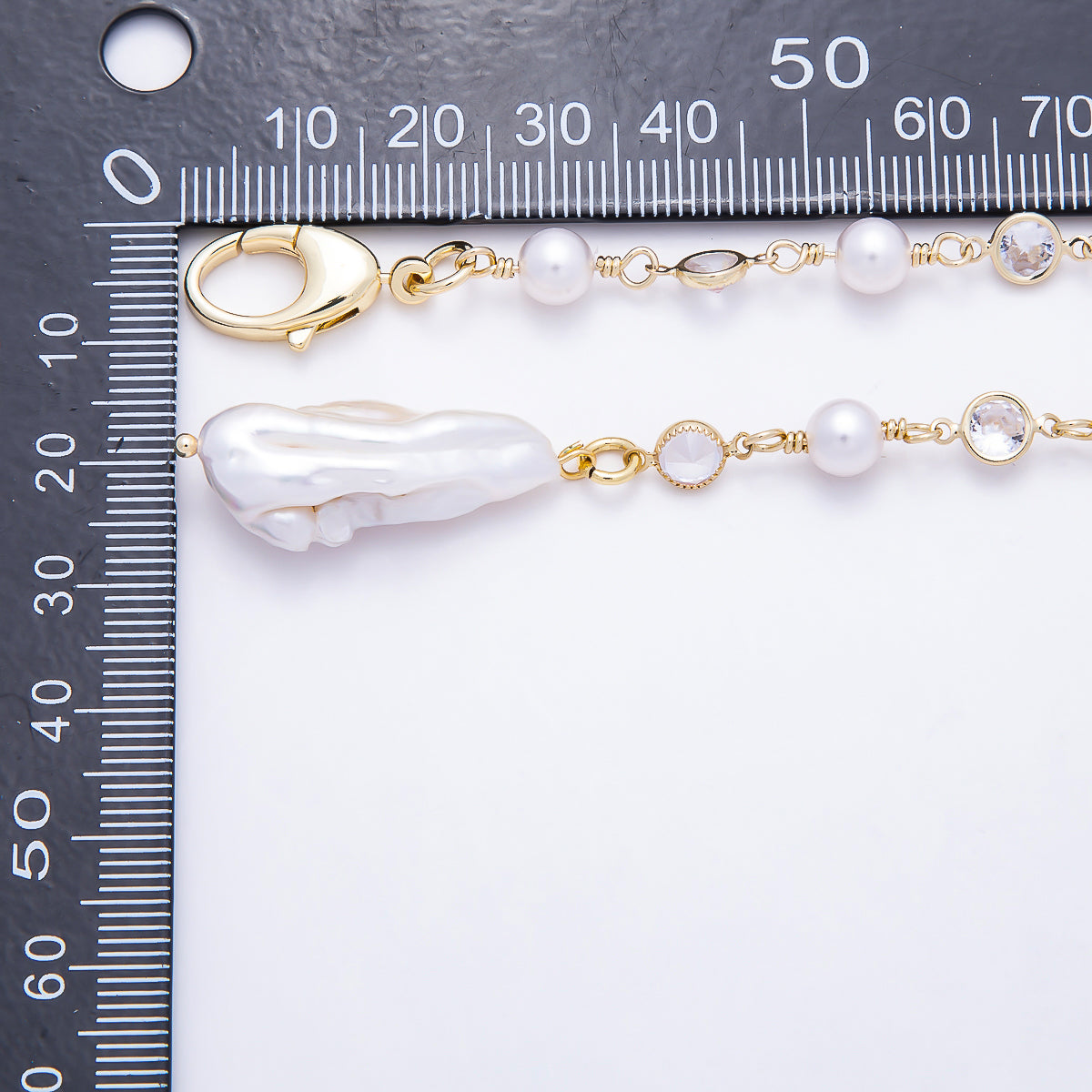 16K Gold Filled 6mm Clear Round CZ White Shell Baroque Pearl Lariat Gemstone 34 Inch Necklace | WA-00210
