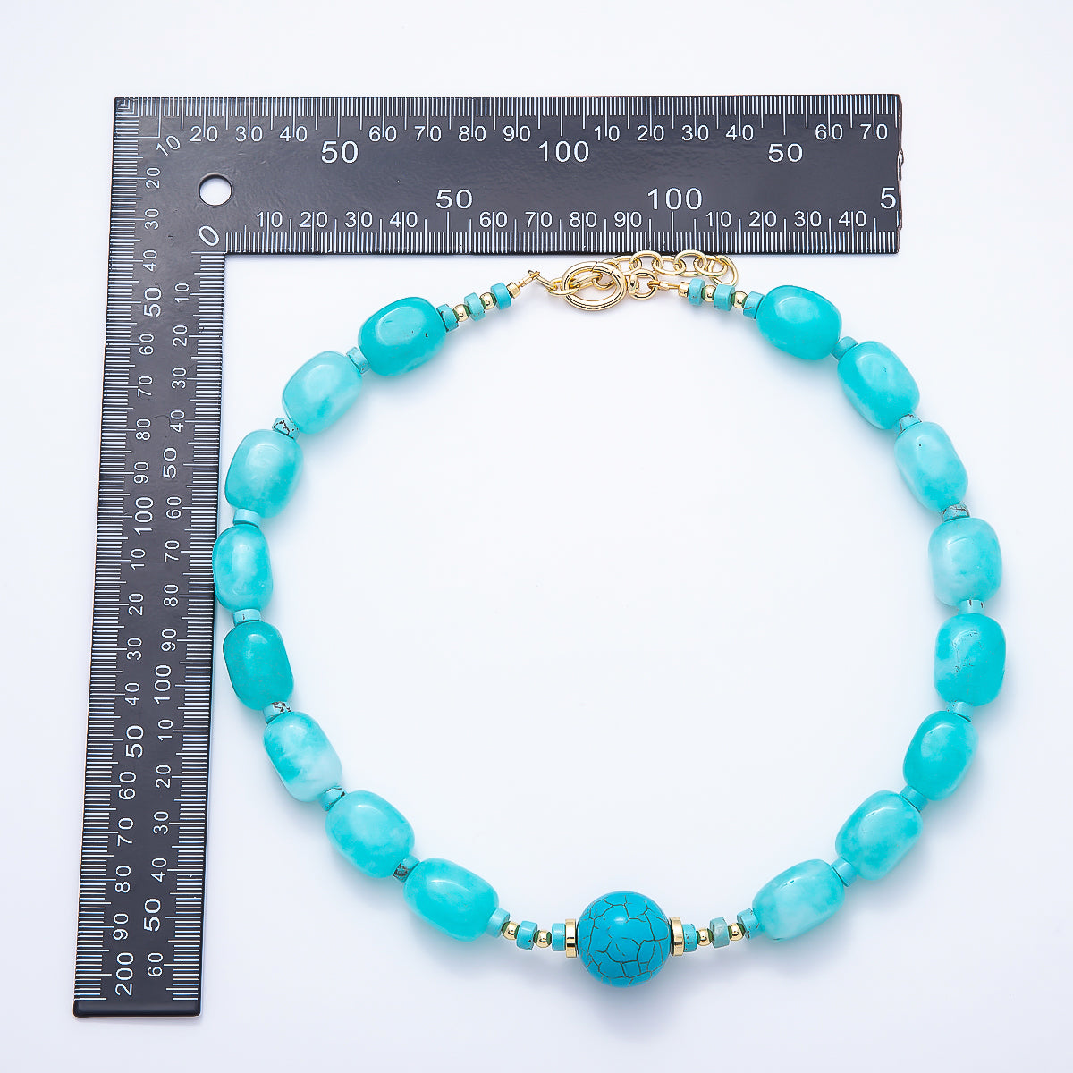 16K Gold Filled 20mm Blue Turquoise Rectangle Gemstone Chain 19 Inch Necklace | WA-01312