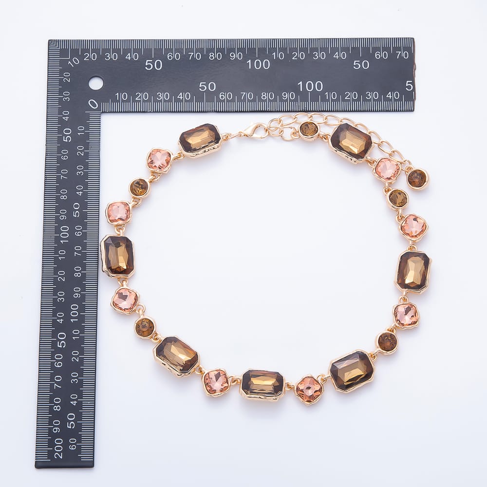 Stainless Steel 16mm Brown, Blue, Green CZ Baguette Round Multifaceted Molten Bezel Gemstone Chain 15.5 Inch Choker Necklace | WA-00176 ~ WA-00178