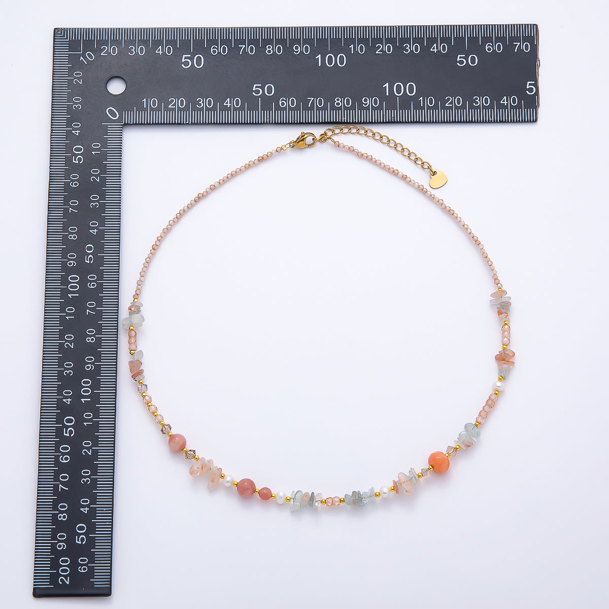 Handmade 5mm Shell Pearl Pink Quartz Blue Aquamarine Round Pebble Gemstone Chain 16 Inch Necklace | WA-04737