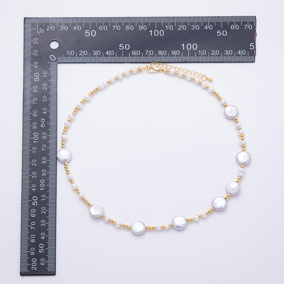16K Gold Filled 11mm Coin Pearl & Gold Bead Mixed Station Strand 16 Inch Necklace | WA-00314