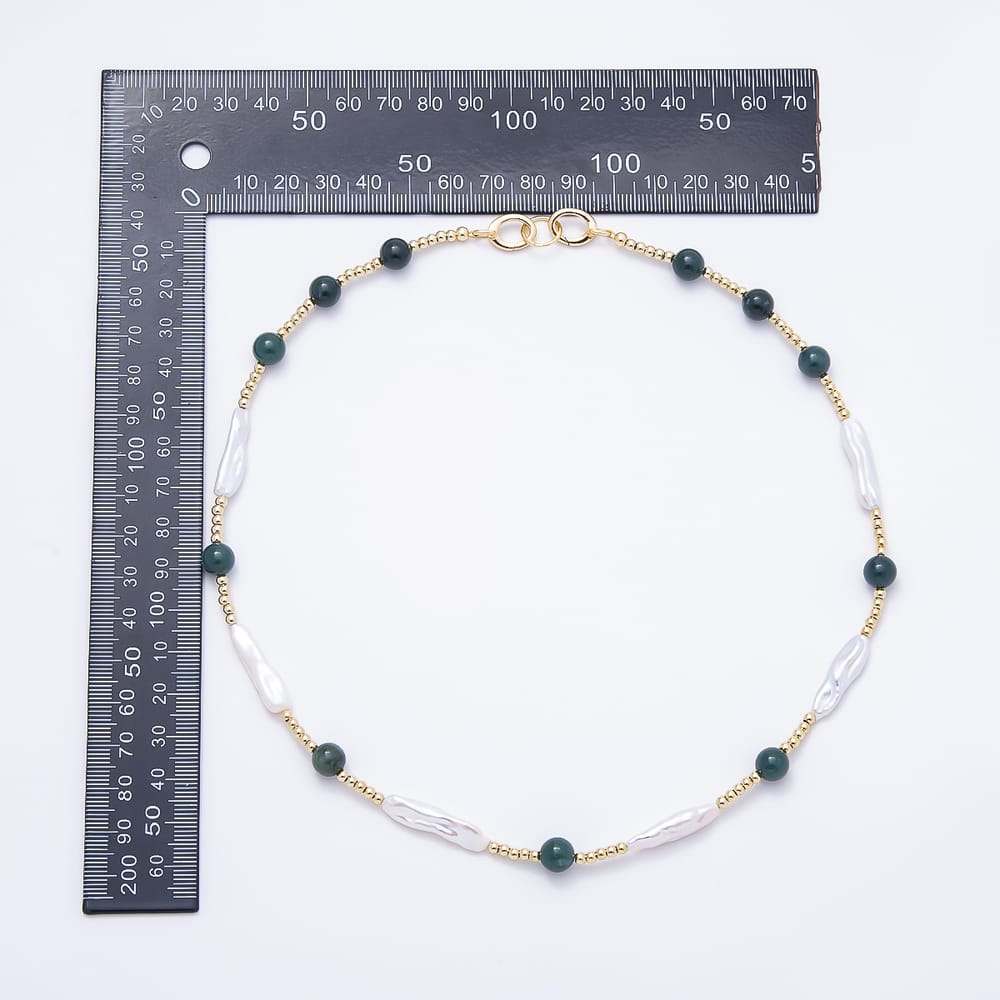 16K Gold Filled 8mm Biwa Stick Pearl & Green Gemstone Bead Strand 19 Inch Necklace | WA-01101
