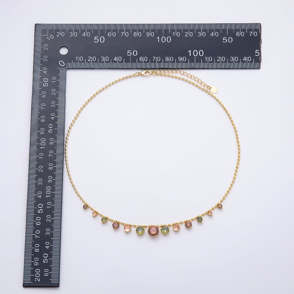 16K Gold Filled 2mm Multicolor CZ Graduating Round Ball Bead Chain 16 Inch Necklace | WA-01845