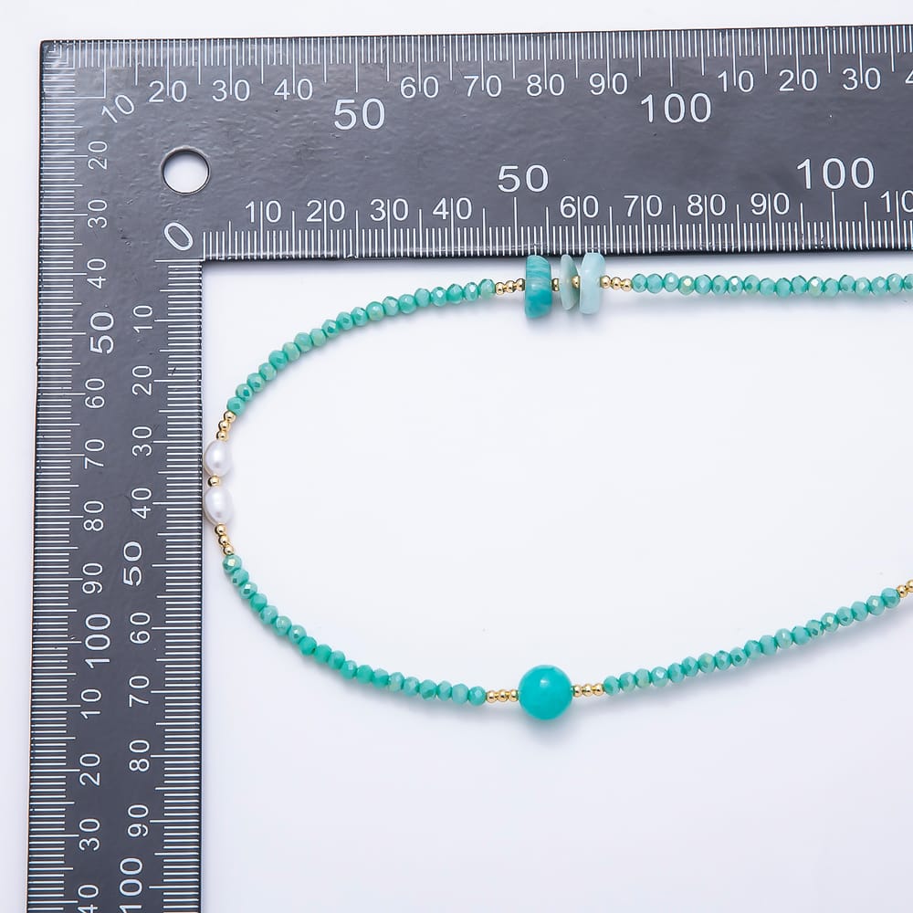 Stainless Steel 10mm Blue Turquoise Shell Pearl Multifaceted Round Crystal Gemstone Chain 40 Inch Necklace | WA-01199