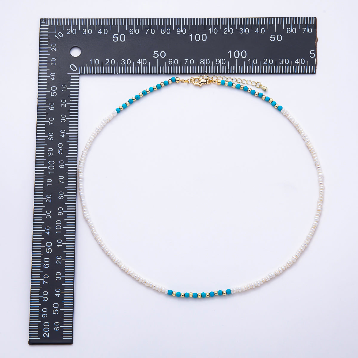 16K Gold Filled 3mm Blue Turquoise Round White Seed Freshwater Pearl 17.5 Inch Necklace | WA-01649