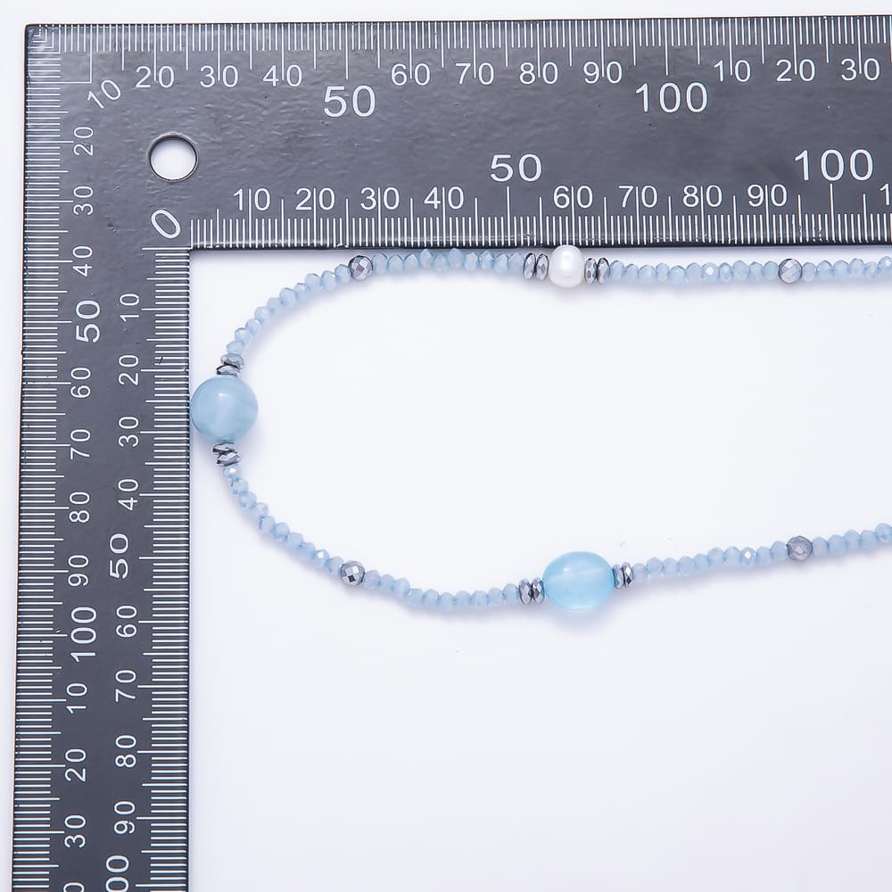 Stainless Steel 11mm Blue Aquamarine Multifaceted Round Crystal Gemstone Chain 40 Inch Necklace | WA-01238