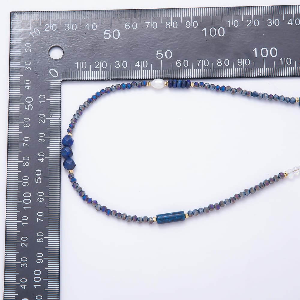 Stainless Steel 6mm Blue Lapis Lazuli Shell Pearl Multifaceted Round Crystal Gemstone Chain 40 Inch Necklace | WA-01177