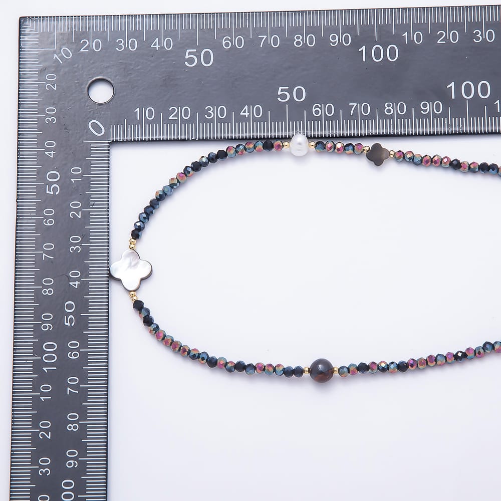 Stainless Steel 12mm Black Iridescent Shell Pearl Multifaceted Round Crystal Gemstone Chain 40 Inch Necklace | WA-01153