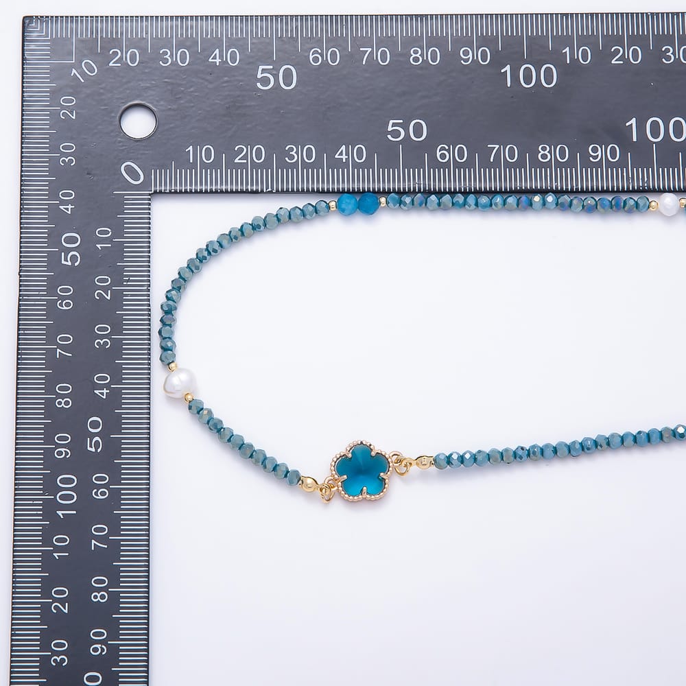 Stainless Steel 12mm Blue Kyanite Shell Pearl Multifaceted Round Crystal Gemstone Chain 40 Inch Necklace | WA-01141