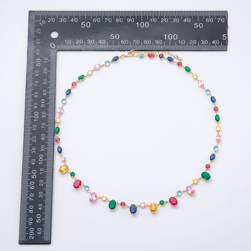 16K Gold Filled 4mm Multicolor Oval Multi Cut Drop CZ Tennis Gemstone Chain 17 Inch Necklace | WA-00100