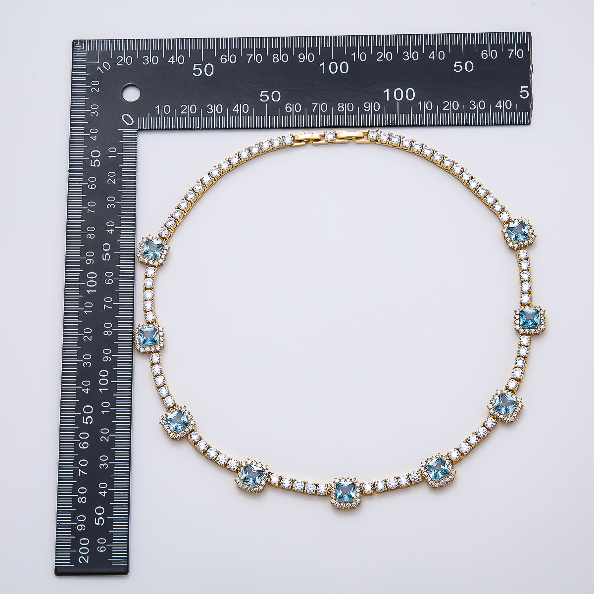 16K Gold Filled 4mm Blue Baguette CZ Tennis Chain 16.5 Inch Adjustable Necklace | WA-04678