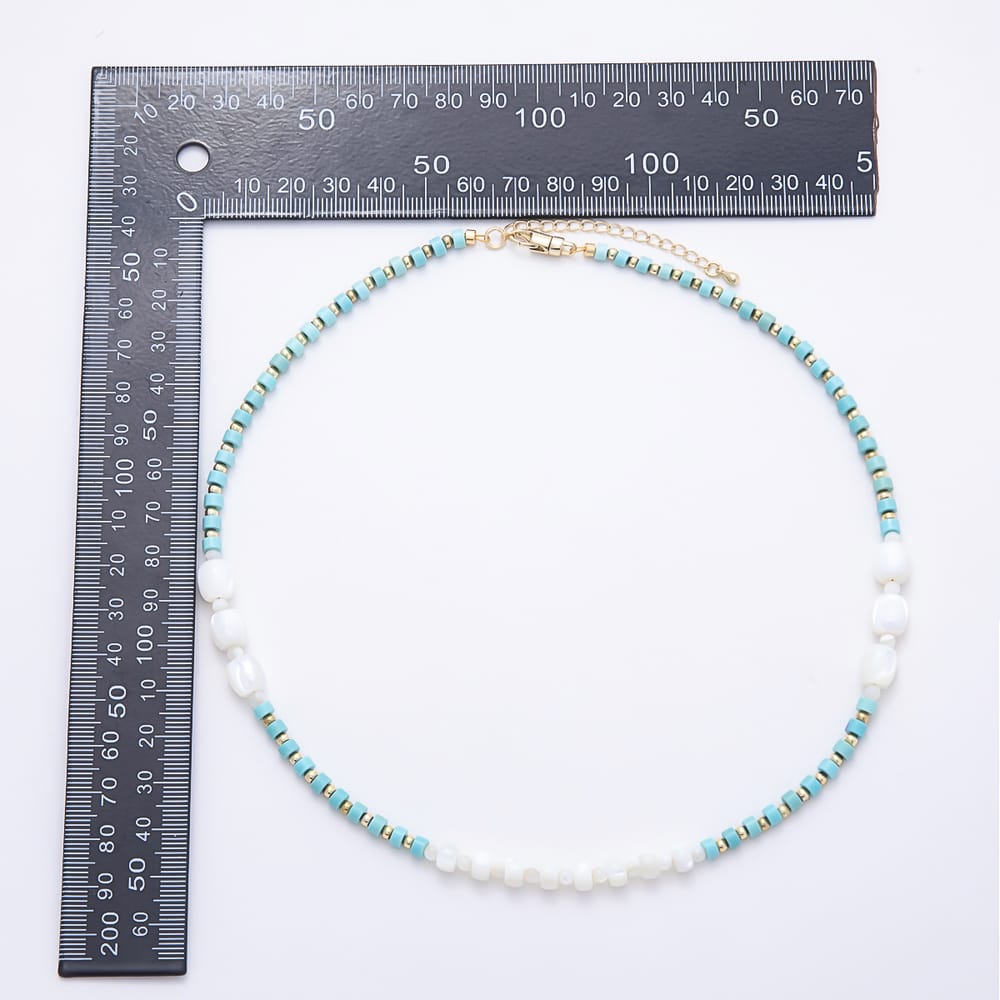 16K Gold Filled Blue Turquoise Rondelle Shell Pearl Gemstone Chain 18 Inch Necklace, 8 Inch Bracelet | WA-00602 WA-00637