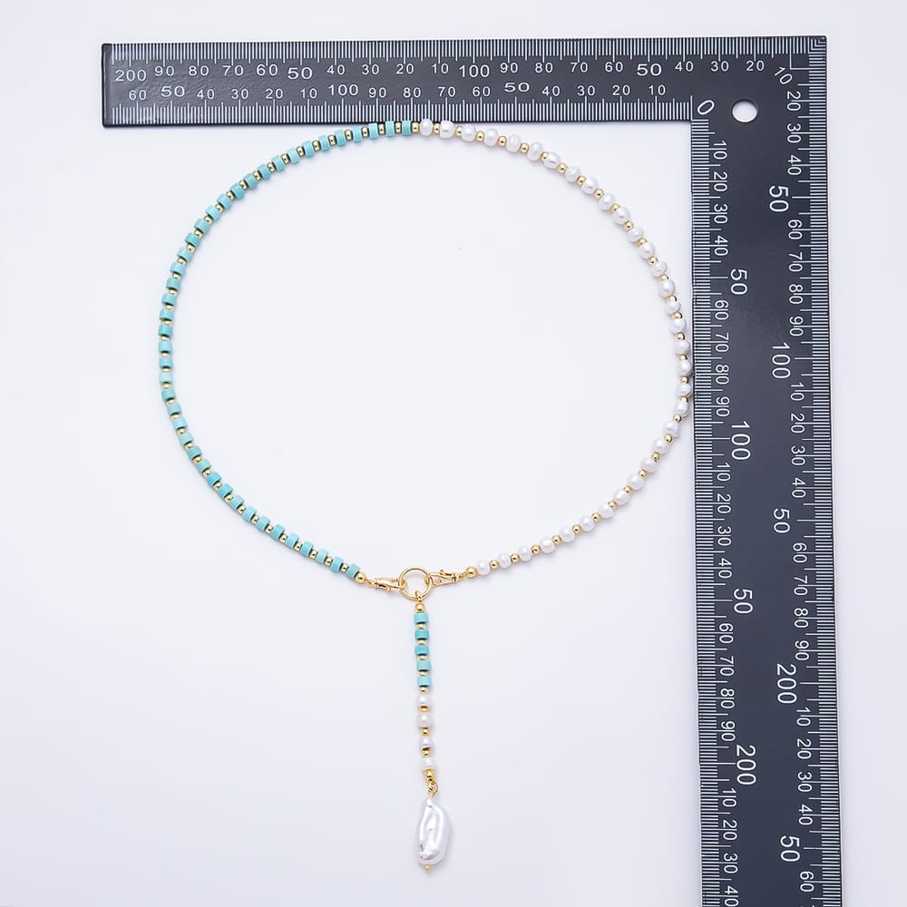 16K Gold Filled 9mm Baroque Freshwater Pearl Drop Half Pearl Turquoise Lariat 18 Inch Necklace | WA-00461