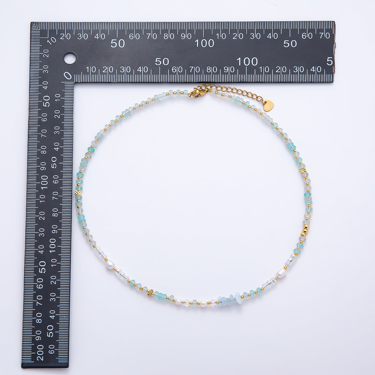 Handmade Blue Aquamarine AB Shell Pearl Rondelle Multifaceted Gemstone Chain 15.5 Inch Necklace | WA-04730