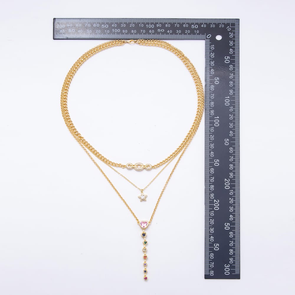 16K Gold Filled 4mm Layered Multi Strand CZ Link Star Lariat Y 19 Inch Necklace | WA-01094