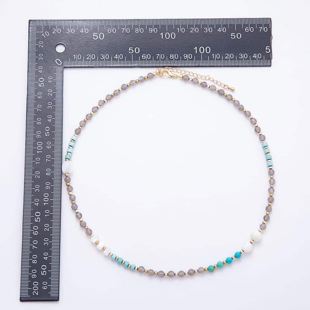 16K Gold Filled 4.5mm Blue Turquoise Labradorite Shell Pearl Round Gemstone Chain 18 Inch Necklace | WA-00631 WA-00639