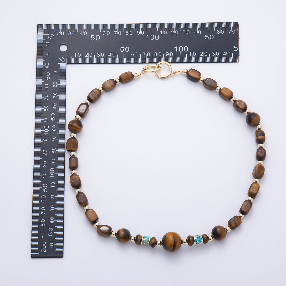 16K Gold Filled Turquoise Paved Tiger Eye Rectangle Bead Gemstone Chain 20 Inch Necklace w. Dual Push Gate | WA-02137