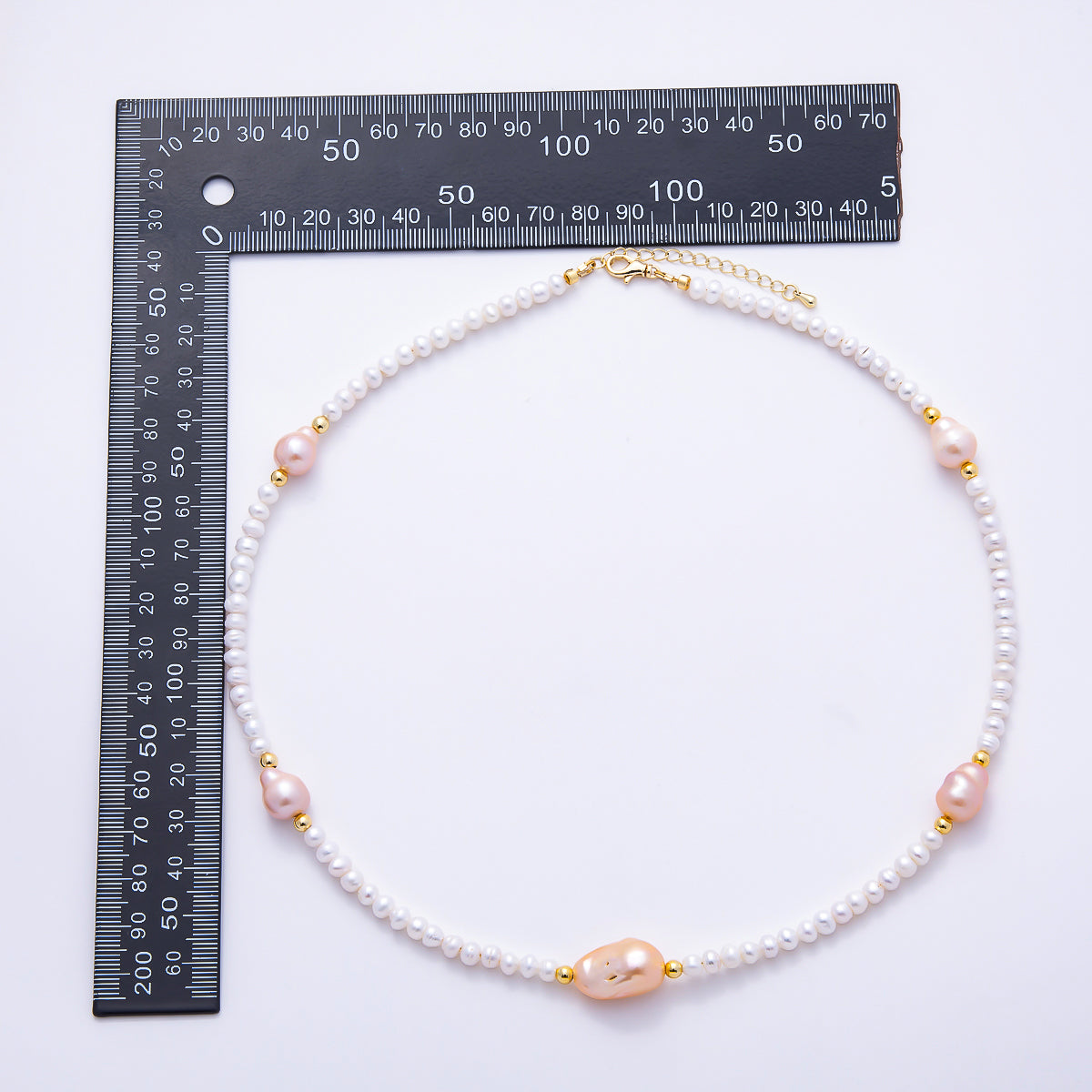16K Gold Filled 5mm Pink Baroque White Ringed Button Freshwater Pearl Gemstone Chain 20 Inch Necklace | WA-01639