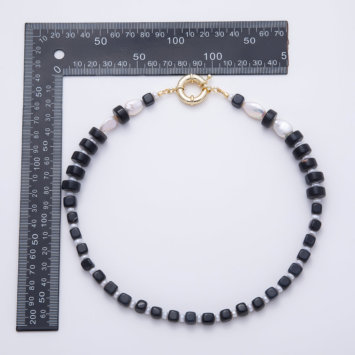 16K Gold Filled Shell Pearl Black Onyx Tube Square Gemstone Chain 19.5 Inch Necklace w. Sailor Clasps | WA-00194