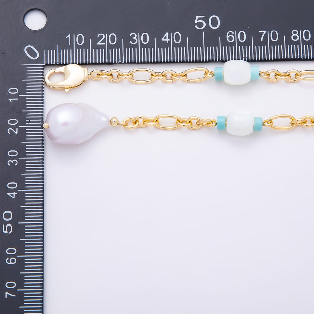 16K Gold Filled 17mm Blue Enamel Shell Pearl Drop Adjustable Lariat Satellite Gemstone Chain 25 Inch Necklace | WA-02092