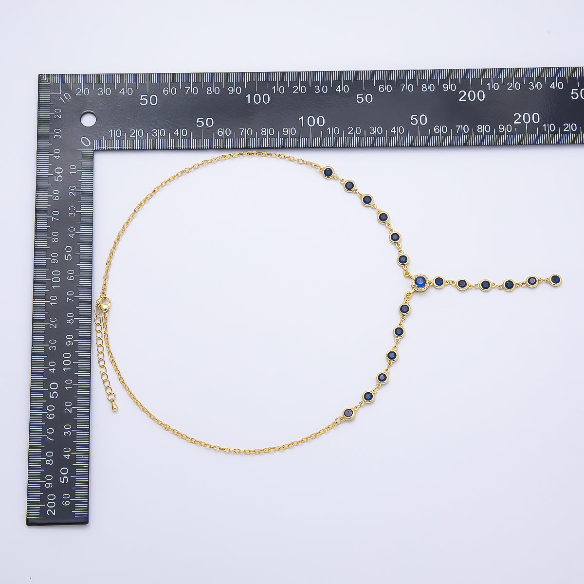 16K Gold Filled 6mm Blue Round Bezel Micro Paved CZ Lariat Cable Chain 17 Inch Necklace | WA-04721