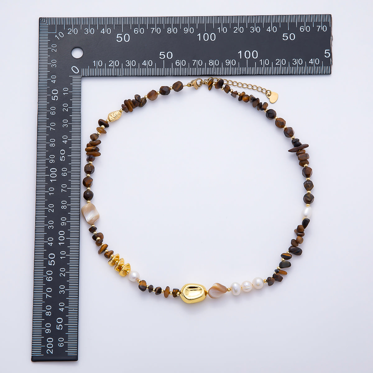 Stainless Steel 10mm White Shell Pearl Tiger Eye Biwa Pebble Multifaceted Gemstone Chain 16 Inch Necklace | WA-04726
